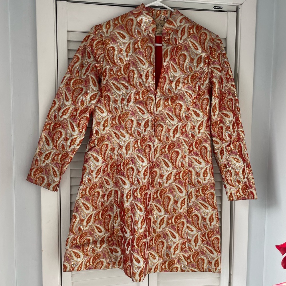 Vintage Ceil Chapman Gold/Orange Metallic Shift A-Line Jacket Dress With Pockets